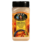 A 300g plastic container of Tex's Original Fried Chicken Coating Spices Seasoning with a yellow label, black lid, and images of crispy fried chicken and salad on the front.